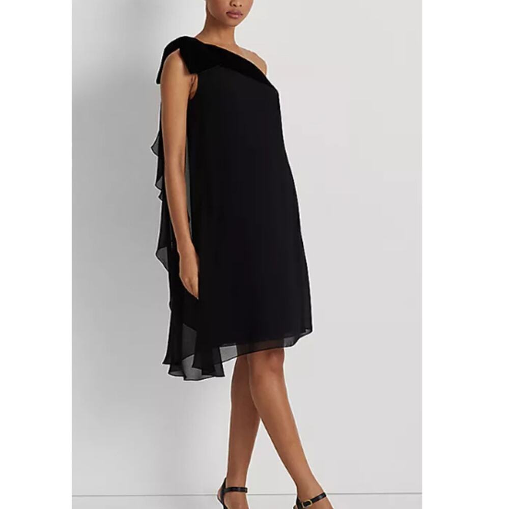 Lauren Ralph Lauren Women's Black Chiffon One-Shoulder Dress Size 12